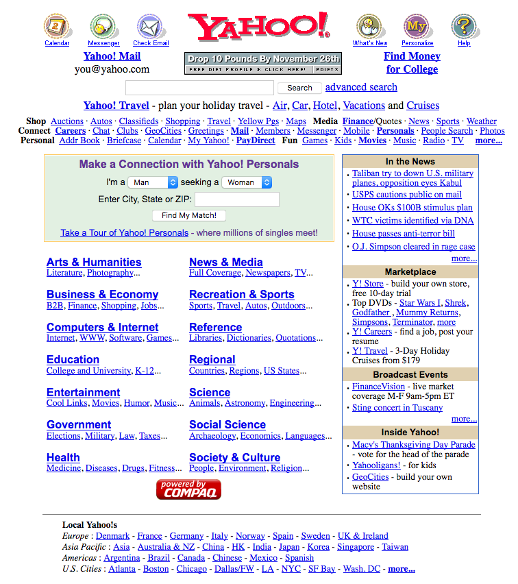Yahoo! homepage with personals (2001)